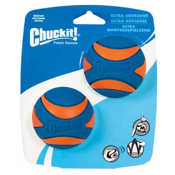Der Chuckit! Ultra Squeaker Ball kombiniert langlebiges Gummi - für eine hohe Sprungkraft - und einen hohen Quietscher für optimales Spielvergnügen. Dank der strukturierten Oberfläche kann Ihr Hund den Ball leicht ins Maul nehmen, und das Gummi ermöglicht eine schnelle Reinigung des Balls. Ein weiterer Vorteil des Balls ist die Tatsache, dass er auf dem Wasser schwimmt; keine Panik mehr, wenn der Ball unerwartet ins Wasser rollt! Der Chuckit! Ultra Squeaker Ball ist in verschiedenen Größen erhältlich, damit Sie immer die passende Größe für Ihren Hund haben, und kann mit einem der Chuckit! Ball Launchers kombiniert werden!