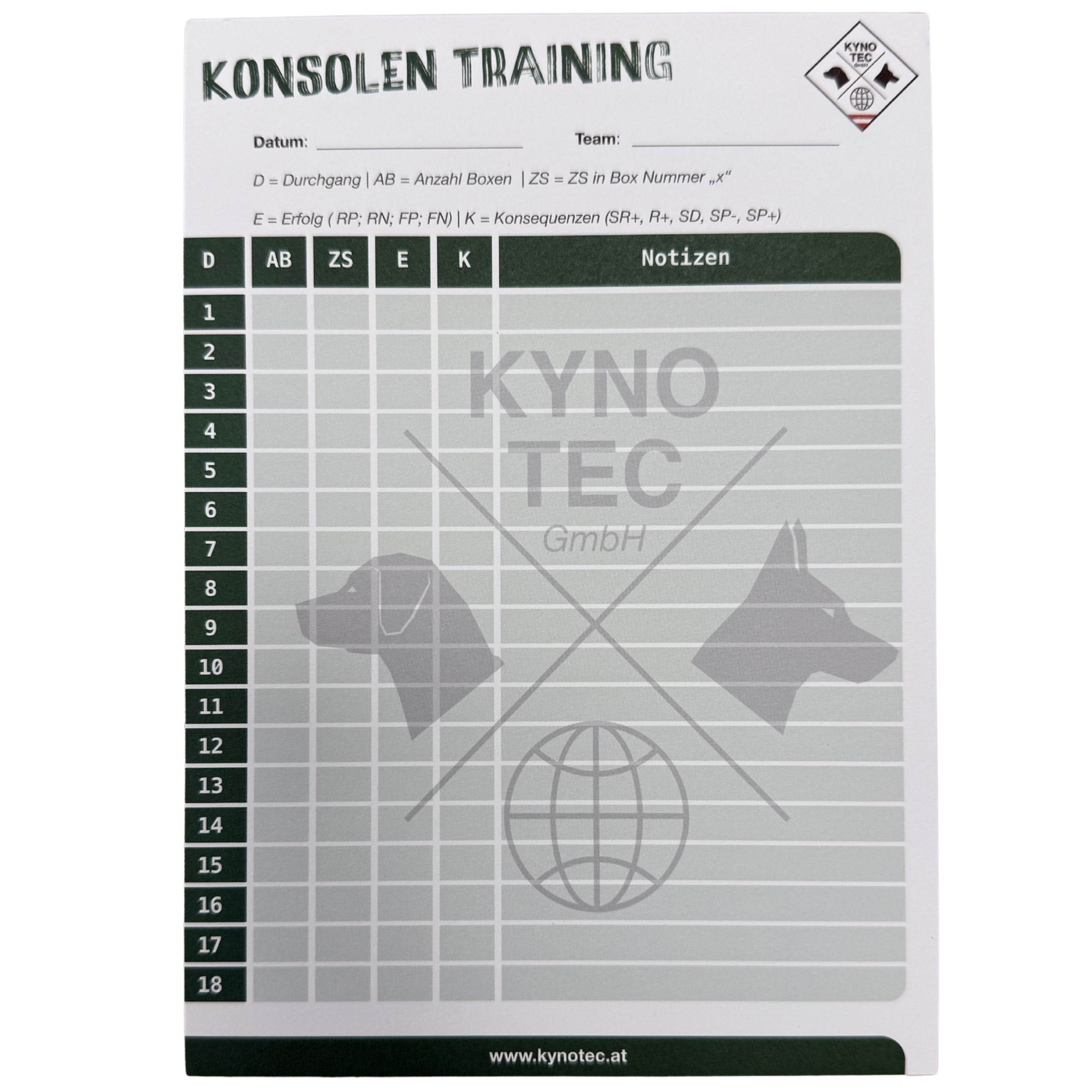 Konsolen Trainingsblock – für professionelles Spürhundetraining Strukturiertes Training ist der Schlüssel zu zuverlässigen Spürhunden. Unser Konsolen-Trainingsblock mit 50 Seiten wurde speziell für Line-Ups, Scentwheels und andere Formen des Konsolentrainings entwickelt.