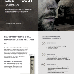 Endlich gibt es eine effiziente und einfache Lösung für optimale Mundhygiene und dauerhafte Einsatzbereitschaft. Klinisch erwiesen und mit bahnbrechenden Ergebnissen: Die Clean Teeth Dental Enzyme Tabs tragen effektiv und mühelos zu gesunden Zähnen, frischem Atem und allgemeinem Wohlbefinden bei – selbst unter schwierigsten Einsatzbedingungen.